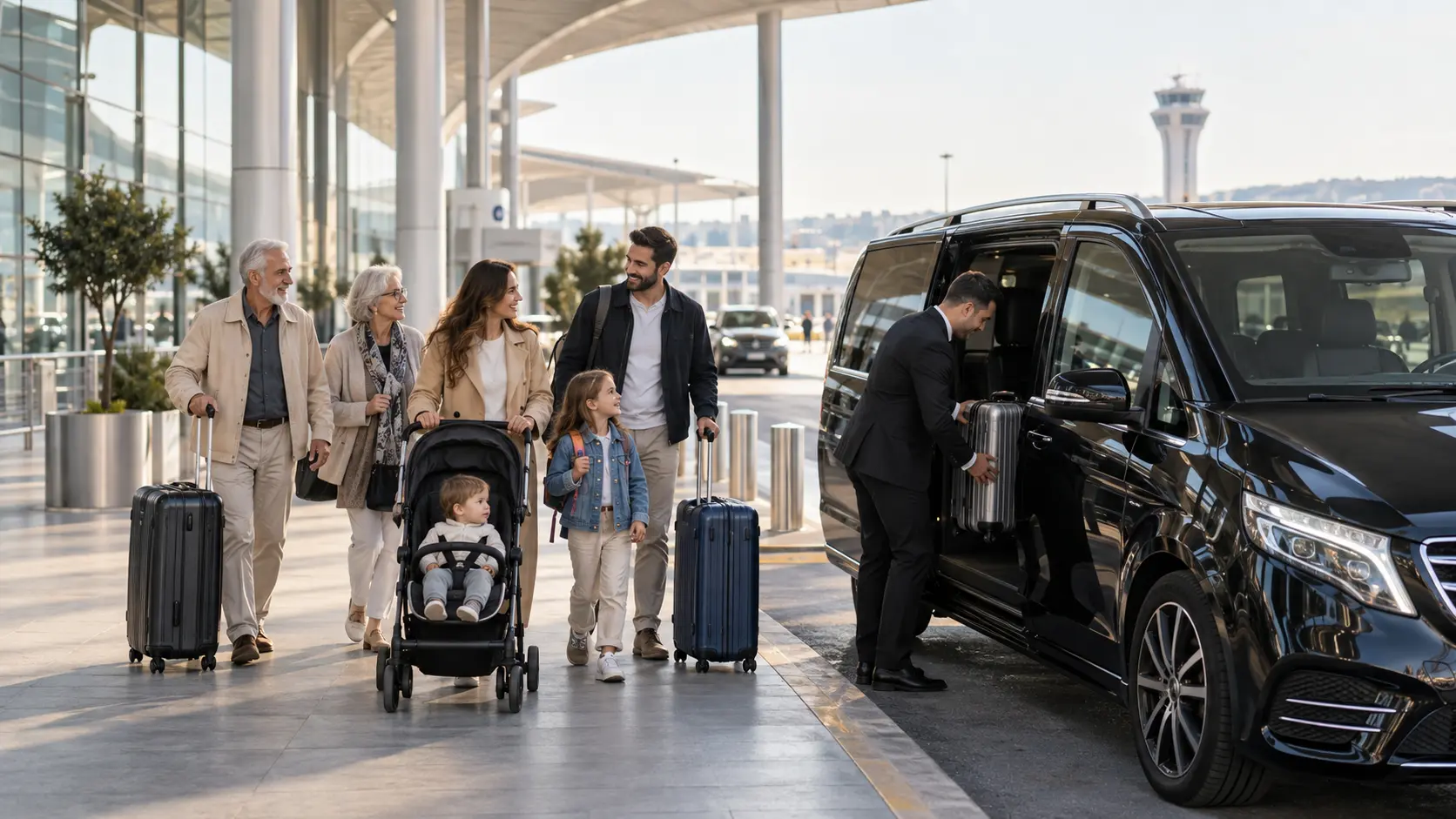 Family group with luggage meeting a private airport transfer driver in Istanbul