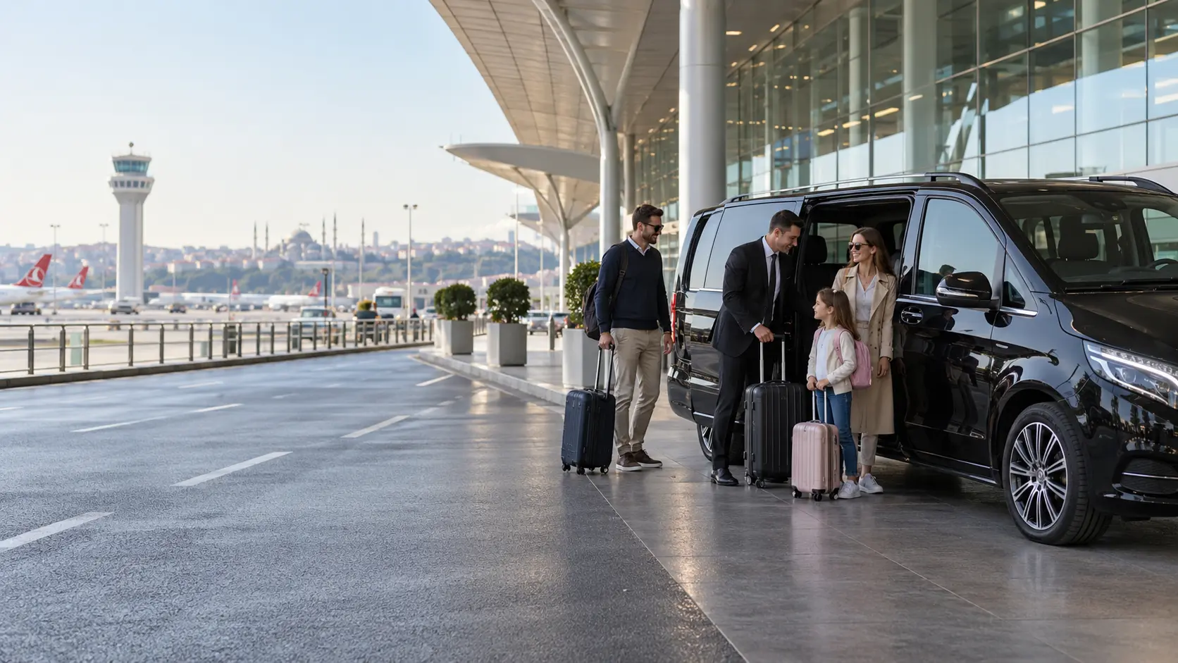 Private Mercedes van waiting at Sabiha Gökçen Airport arrivals for an Istanbul airport transfer