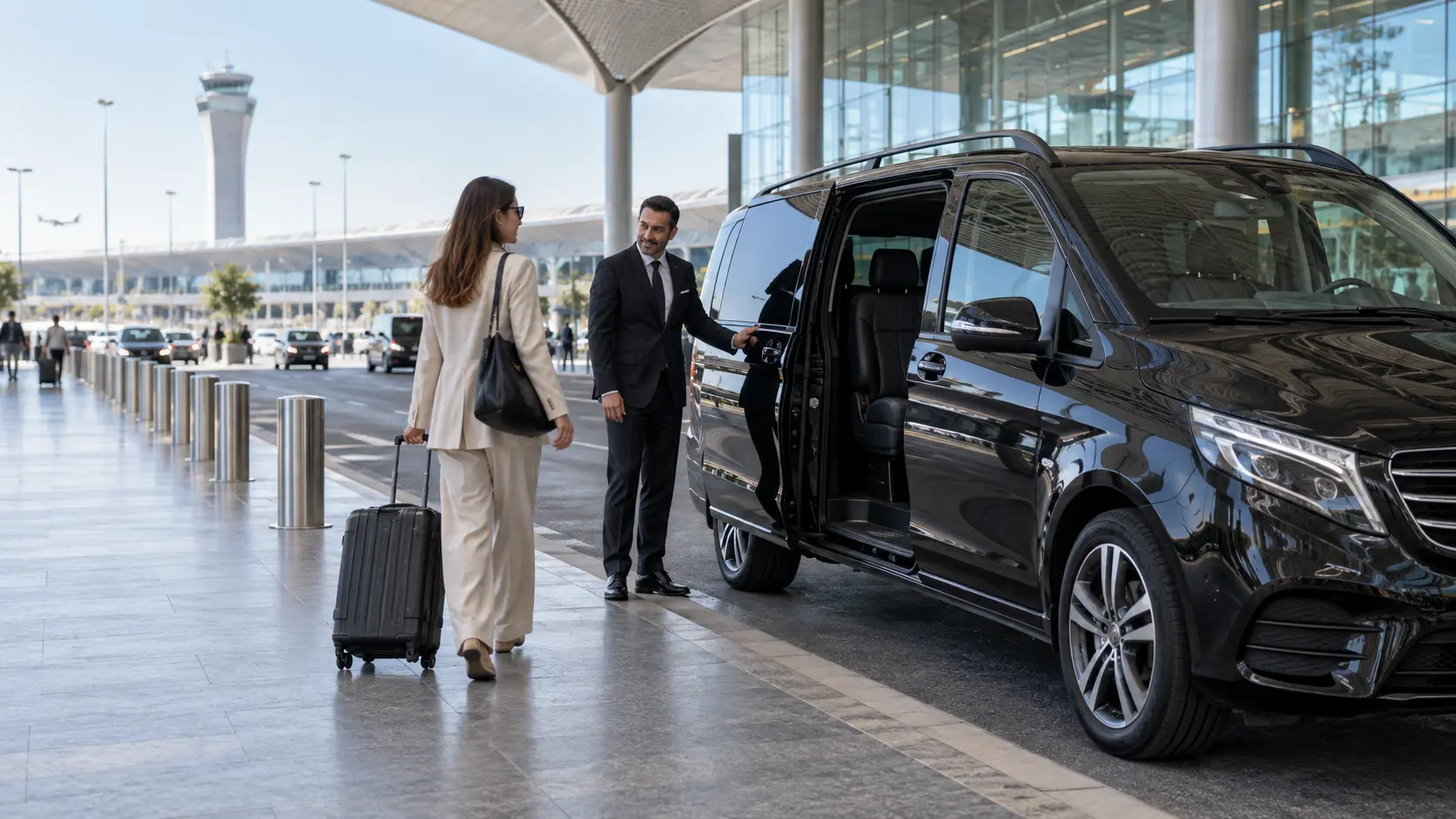Mercedes-Benz private transfer van waiting outside Istanbul Airport arrivals