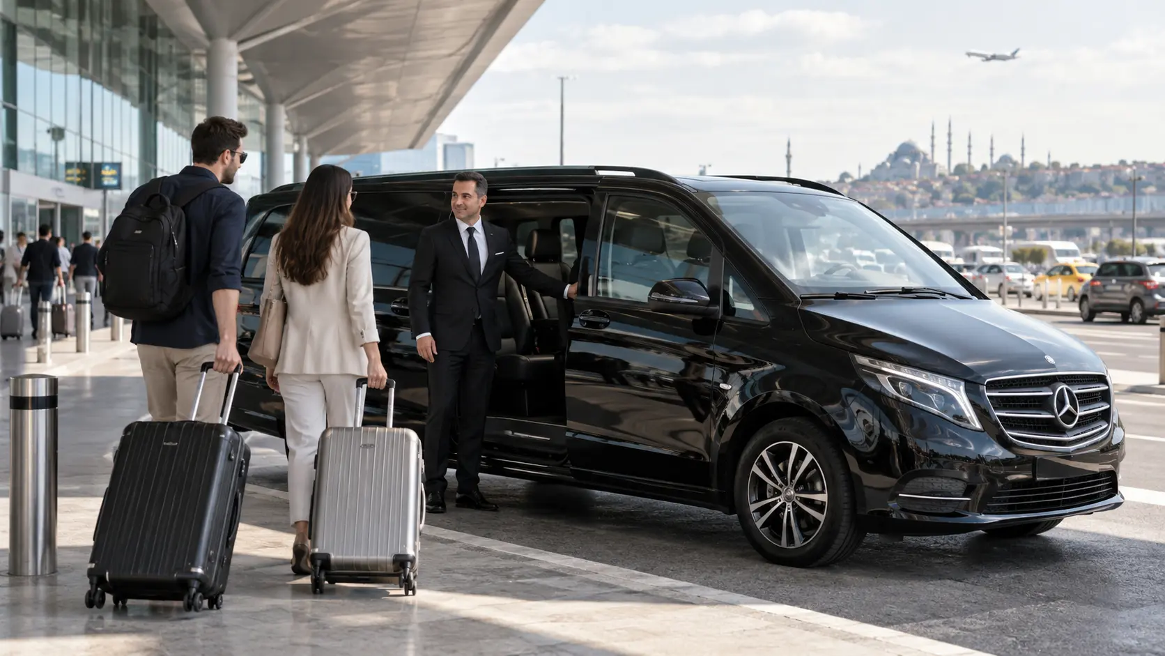 Private Mercedes van and chauffeur preparing an Istanbul Airport to Taksim transfer