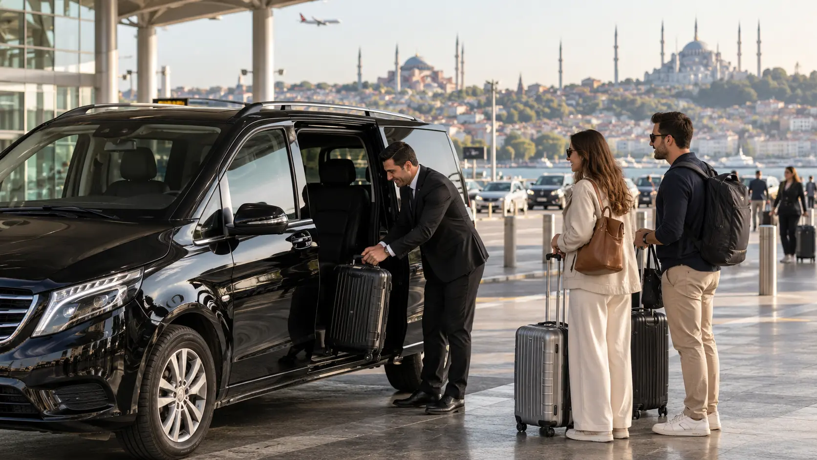 Chauffeur helping travelers with luggage for an Istanbul Airport to Sultanahmet transfer