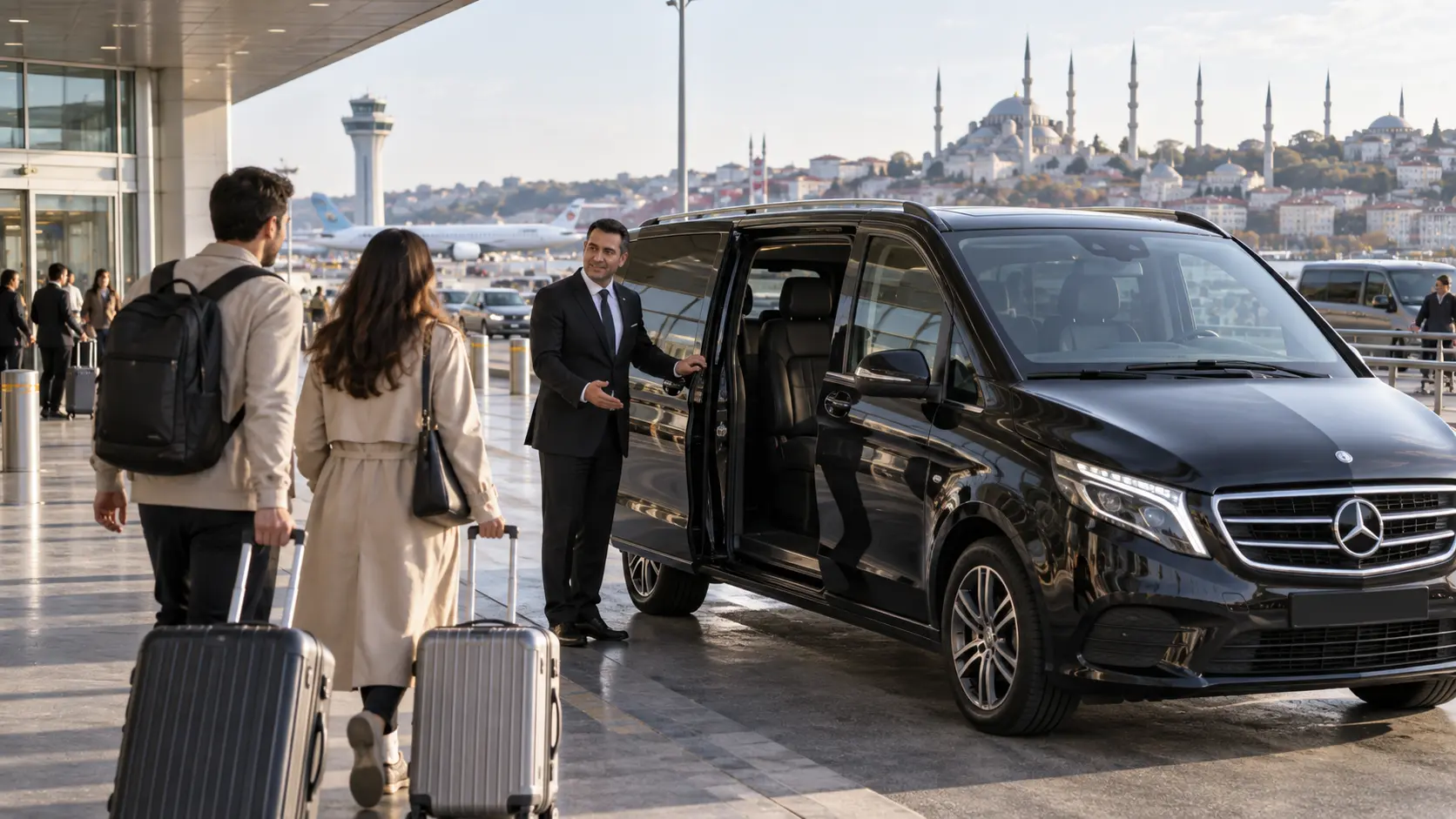 Chauffeur welcoming travelers for a Sabiha Airport to Sultanahmet transfer