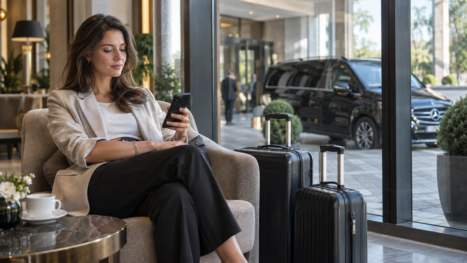 Traveller checking a phone beside suitcases in a hotel lounge, with a black private transfer van outside. Caption: Leave blank.