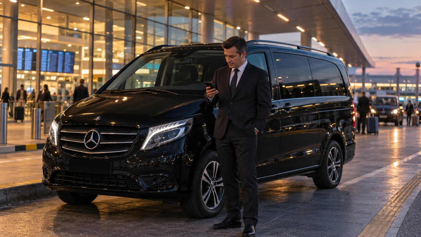 Chauffeur checking a phone beside a black private transfer van at an airport terminal at dusk Image caption: Leave blank