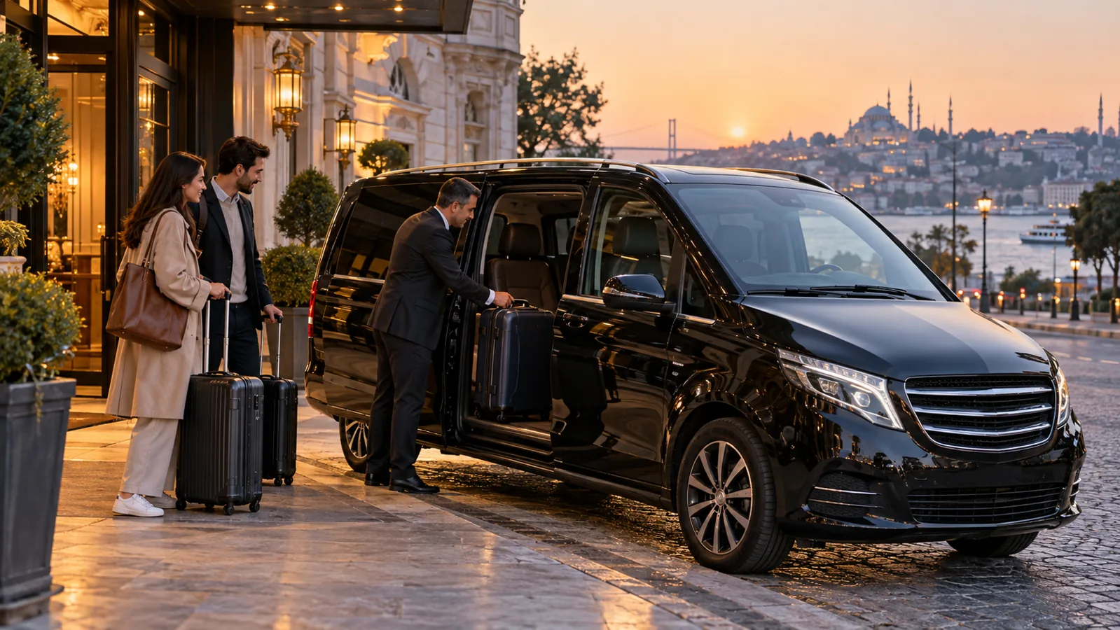 Travellers preparing to leave an Istanbul hotel for Istanbul Airport with a driver and luggage